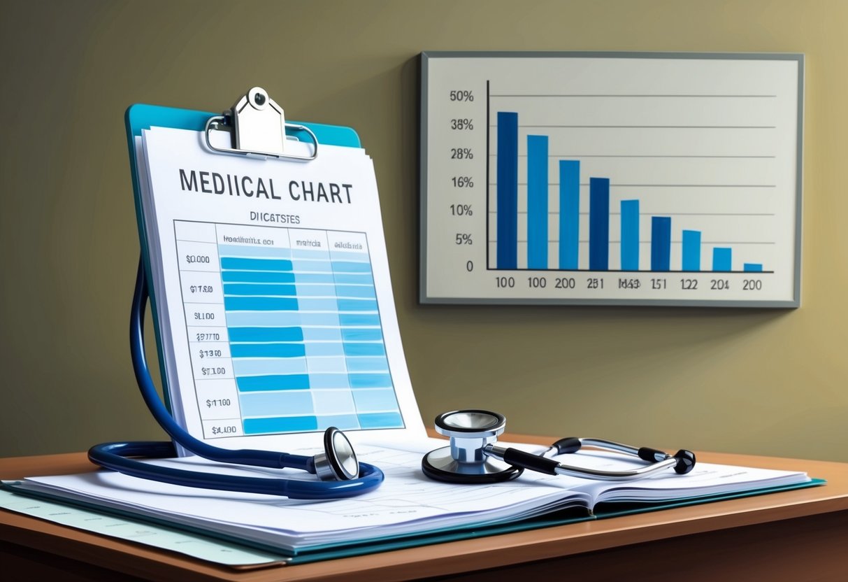 A stethoscope and a medical chart on a desk, with a graph showing a steady increase in healthcare costs on the wall