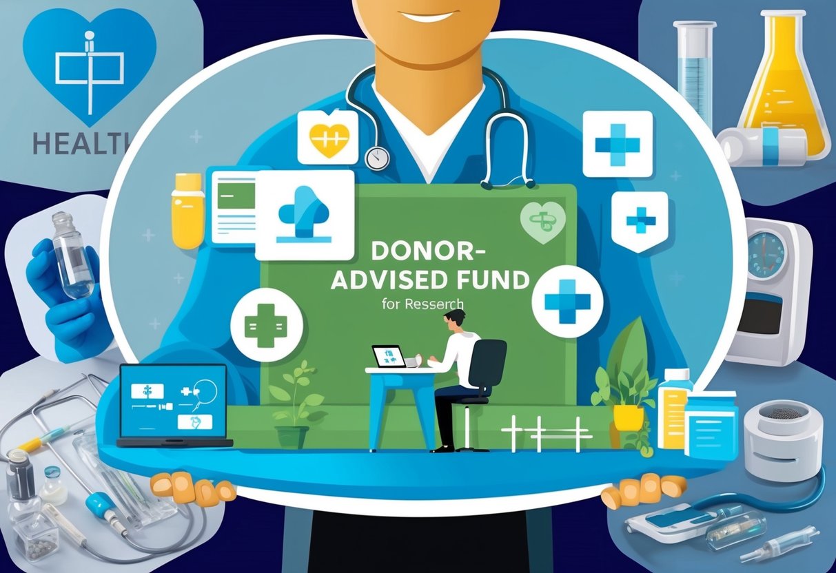 A person setting up a donor-advised fund for medical research, surrounded by images of health-related symbols and research equipment