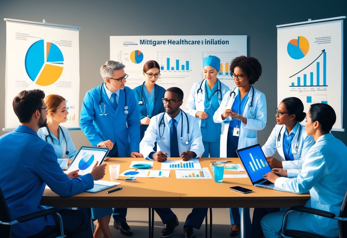 A group of healthcare professionals brainstorming around a table with charts and graphs, discussing strategies to mitigate healthcare inflation