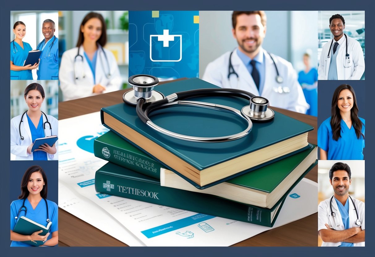 A stethoscope and medical textbooks on a desk, surrounded by images of healthcare professionals and symbols of education and support