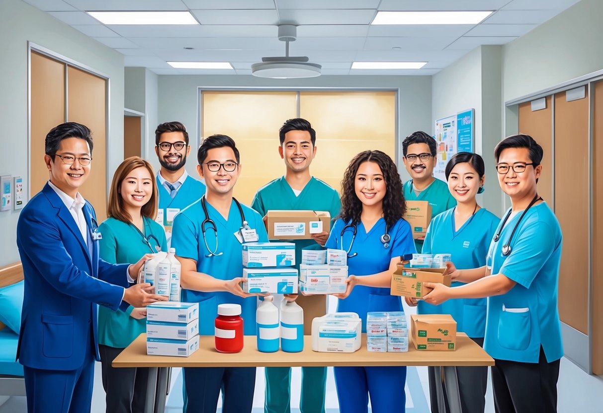A group of people donating to hospitals, with medical staff receiving supplies