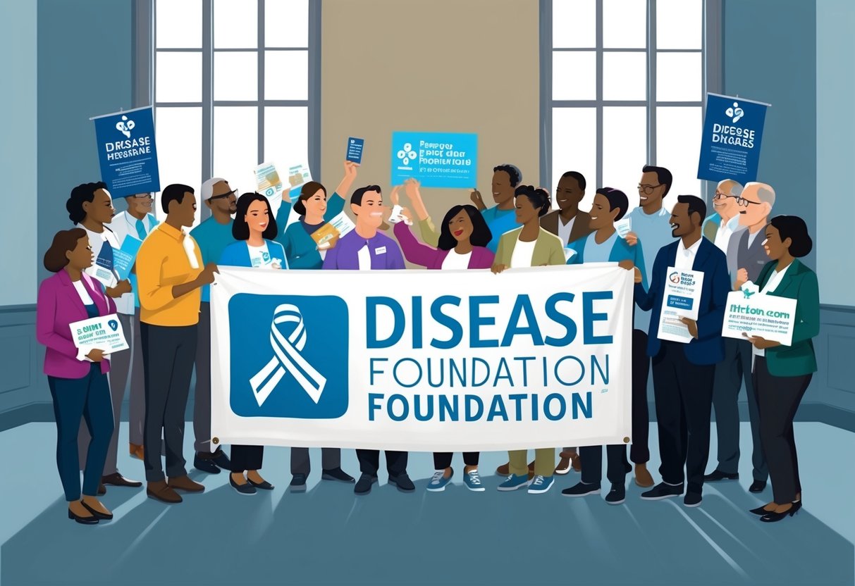 A group of people gather around a large banner with the logo of a disease foundation, holding a variety of fundraising and awareness materials