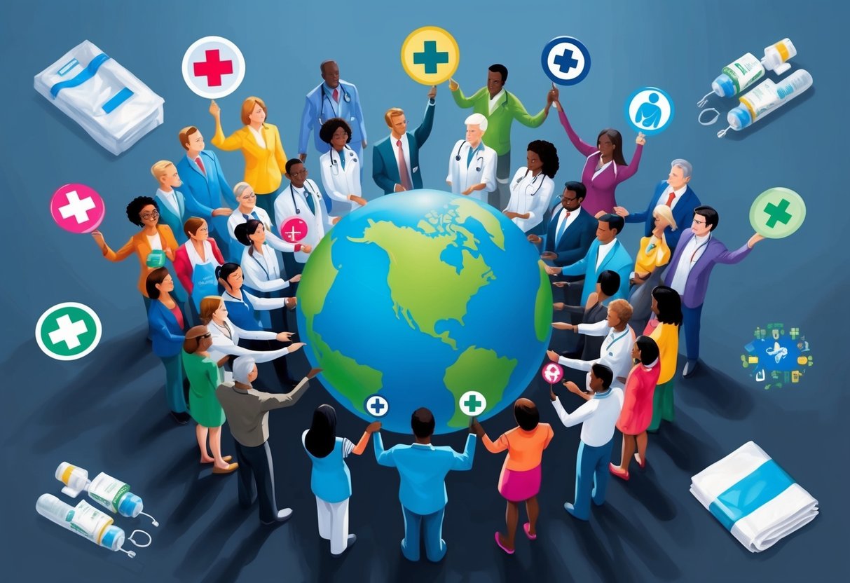 A diverse group of people gather around a globe, each holding a symbol representing different health causes. The globe is surrounded by images of medical supplies and symbols of support