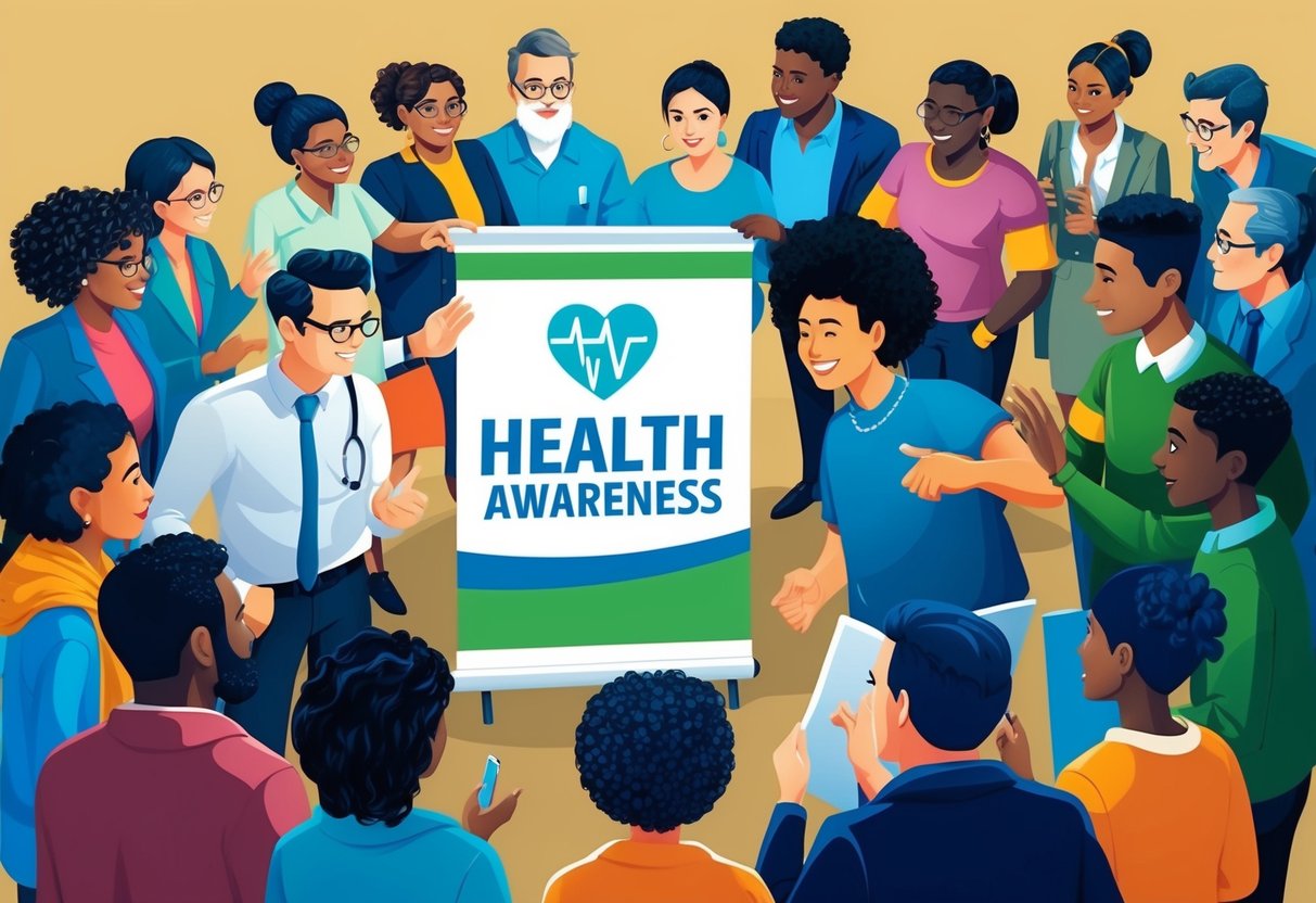 A group of diverse individuals gather around a banner promoting health awareness. They are engaged in conversation and appear to be planning a campaign
