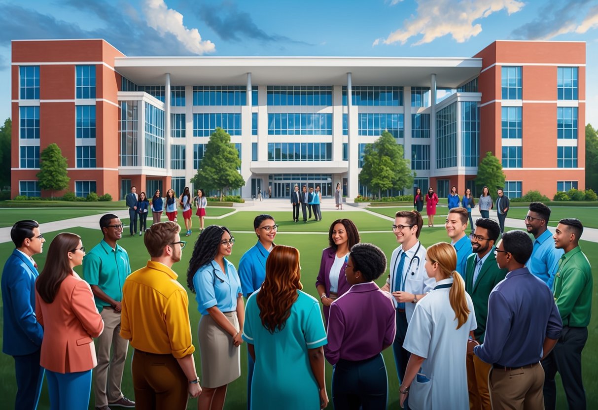 A group of diverse students and teachers gather around a large, modern health science college building, symbolizing investment in endowments for health education