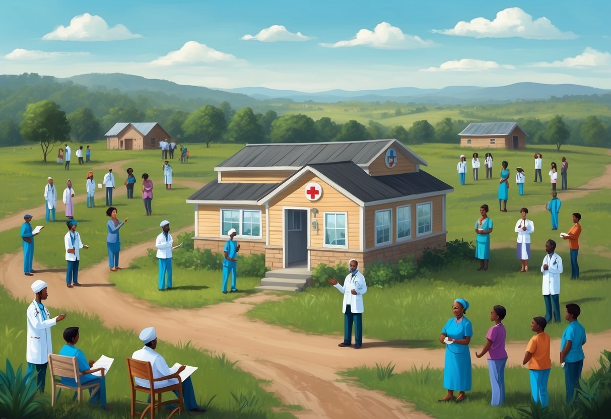 A rural landscape with a small clinic surrounded by diverse community members receiving medical care and support