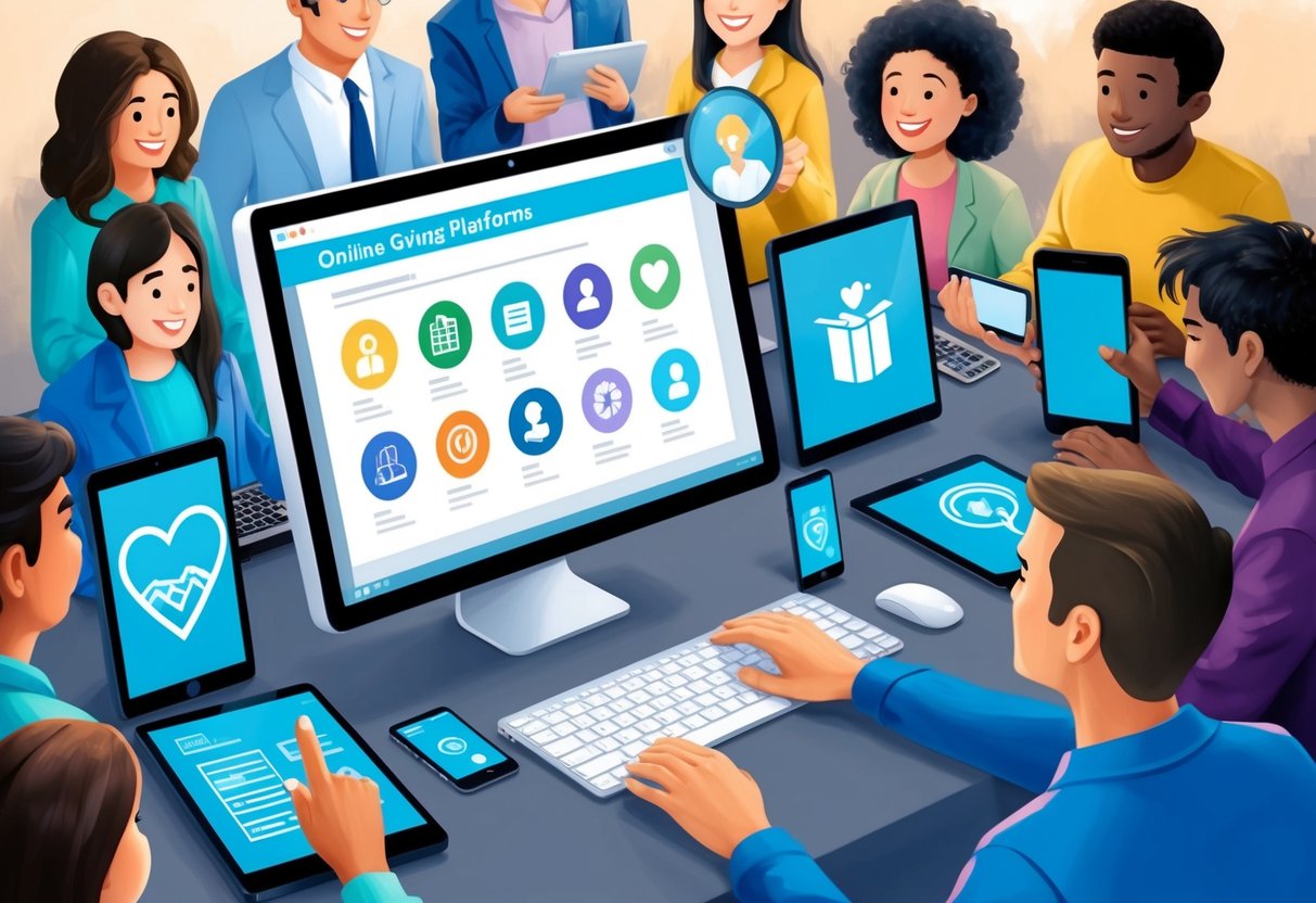 A computer screen displaying various online giving platforms with icons representing different charitable causes, surrounded by digital devices and a diverse group of people interacting with the technology