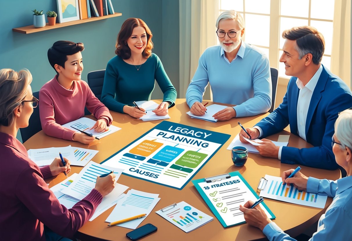 A family sitting around a table, discussing legacy planning and health causes. Papers and pens are scattered, and a chart with 10 strategies is displayed