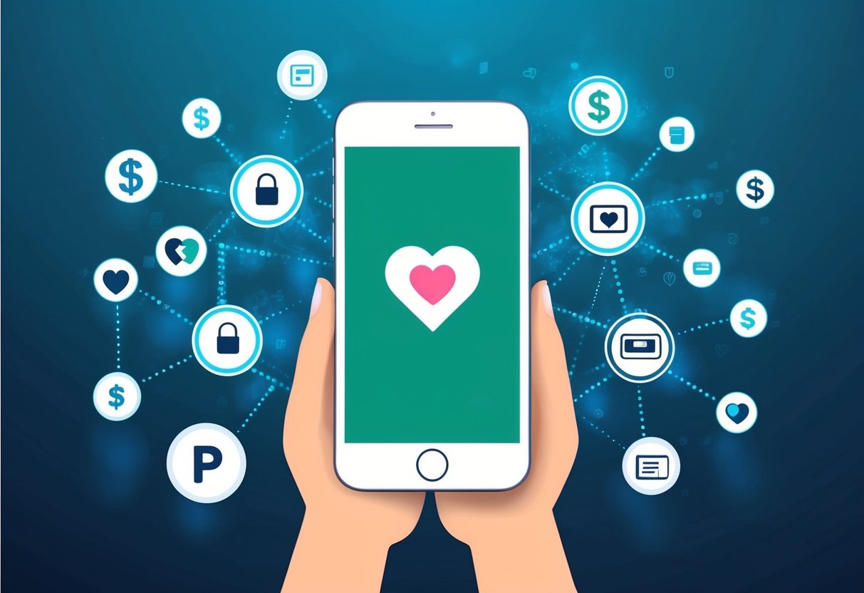 A smartphone with a heart icon surrounded by various digital payment symbols, representing the transformation of charitable giving through technology