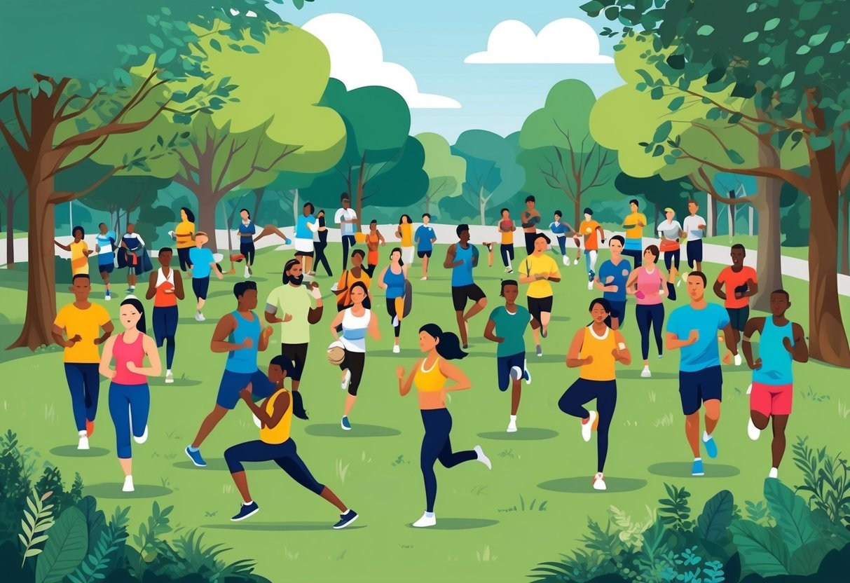 A diverse group of people gather in a park, surrounded by trees and nature. They are engaged in various activities such as yoga, running, and playing sports, all promoting health and wellness