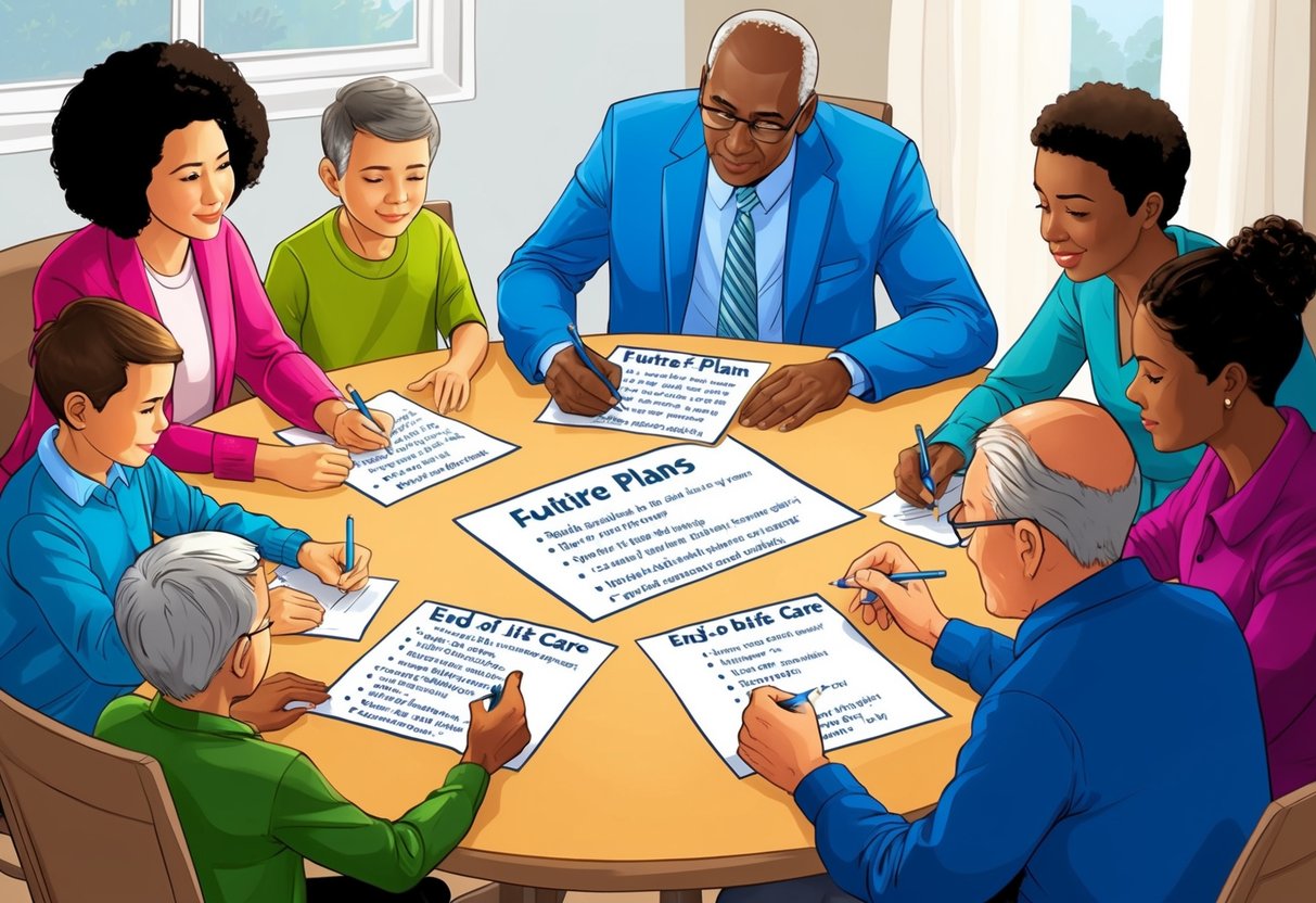 A family sitting around a table, discussing future plans and writing out a list of 6 steps for end-of-life care