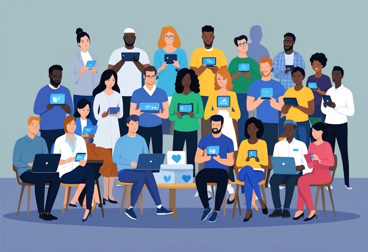 A diverse group of people using various digital devices to donate to different charitable causes