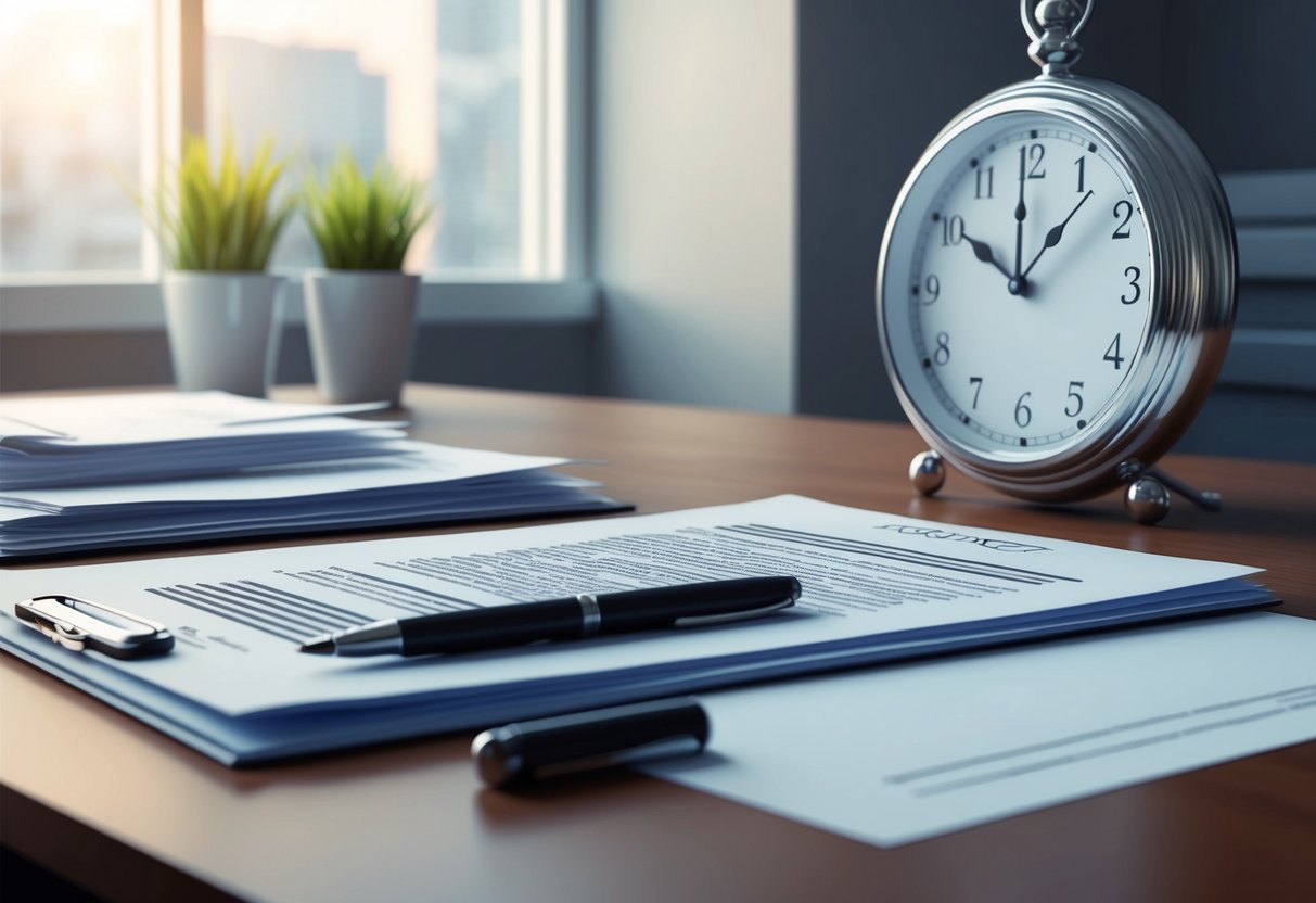 A desk with a pen, paper, and legal documents. A clock shows the passage of time. A sense of organization and preparedness is evident