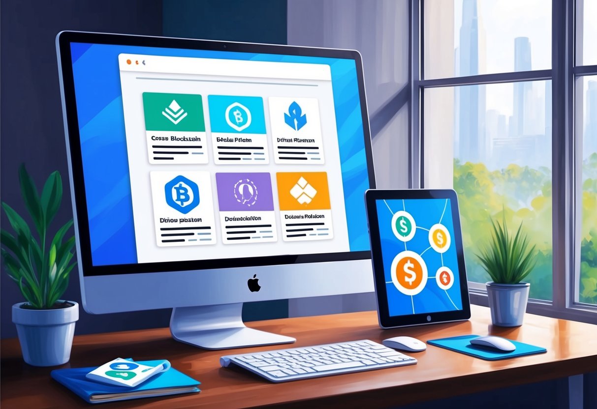 A computer screen displaying various blockchain donation platforms and symbols of charitable organizations