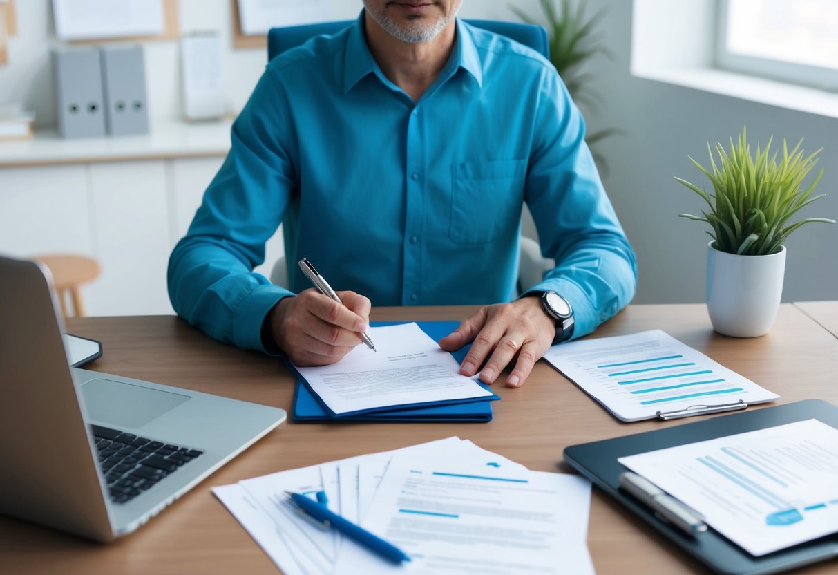 A person sitting at a desk with a pen and paper, surrounded by documents and a laptop, while making decisions about end-of-life care