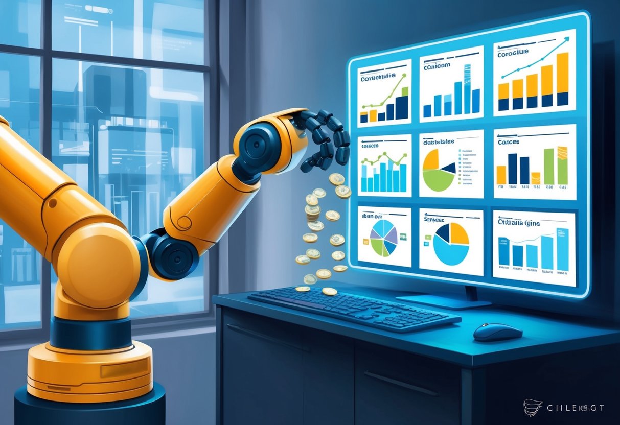 A robot arm distributing funds to various charitable causes, with digital screens displaying data and graphs on the impact of technology on charitable giving