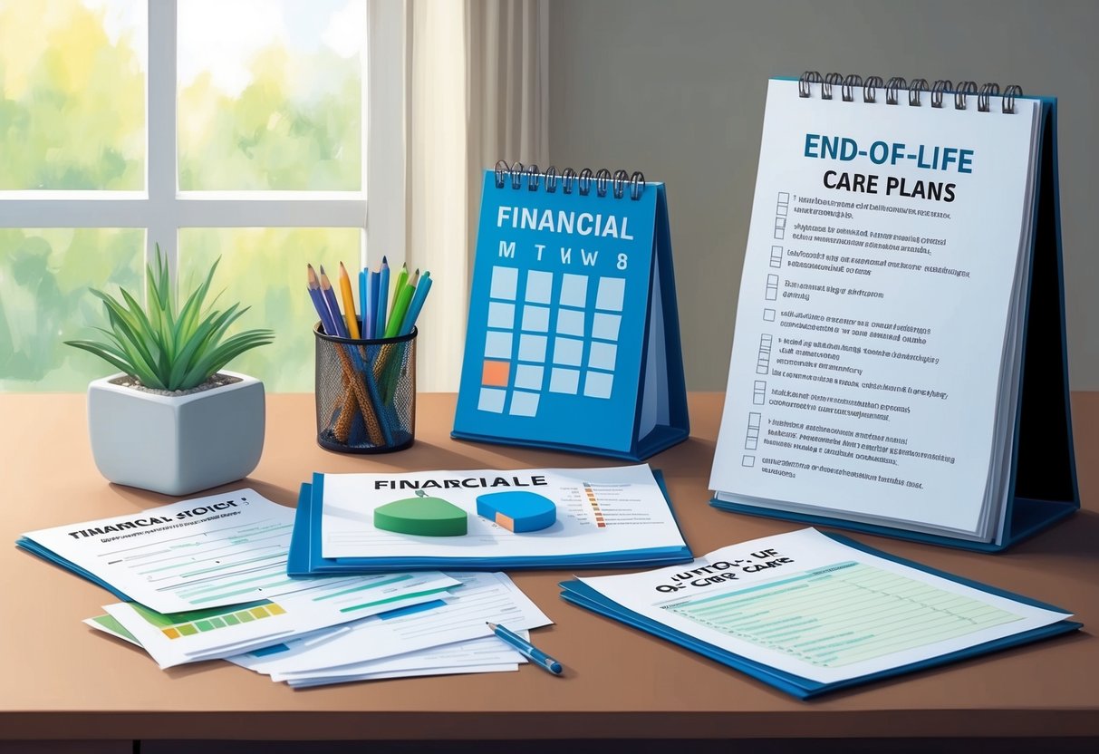 A desk with neatly organized financial documents, a calendar with important dates, and a checklist of end-of-life care plans