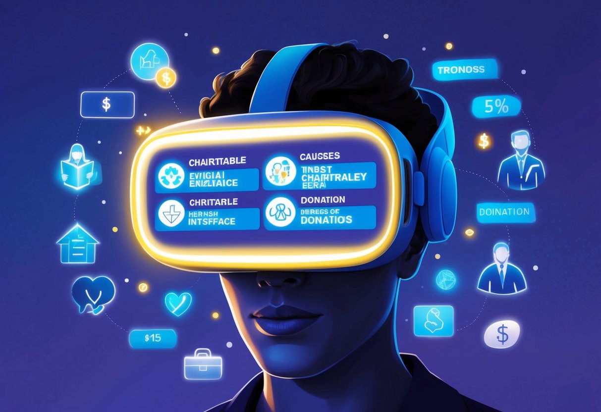 A virtual reality headset with a glowing interface displaying various charitable causes and donation options