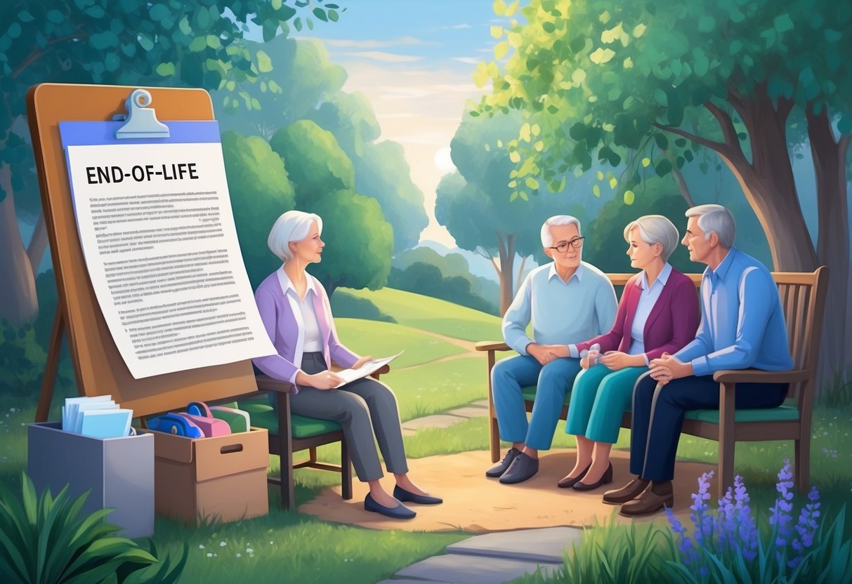 A peaceful setting with a person's belongings organized, a legal document, and supportive family members discussing end-of-life care options