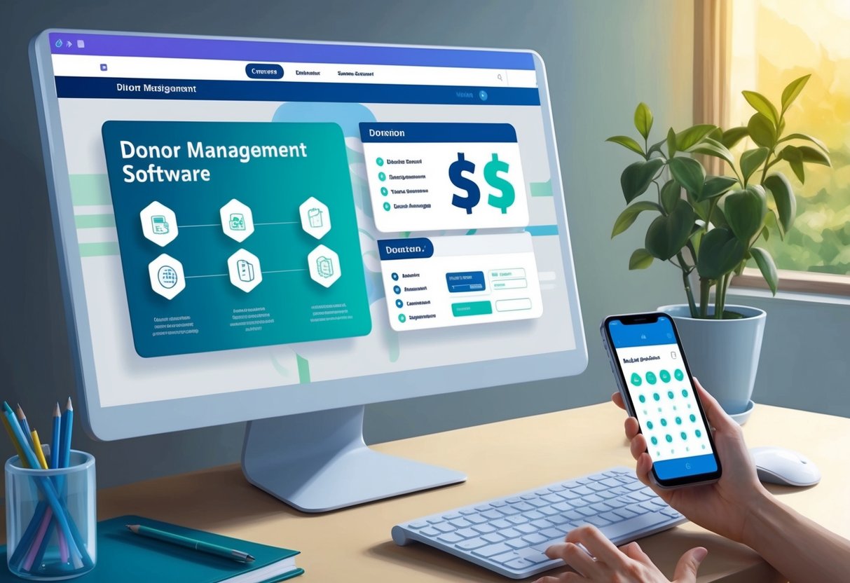A computer screen displaying a donor management software interface with various donation tracking and management features. A smartphone with a donation app is shown next to it