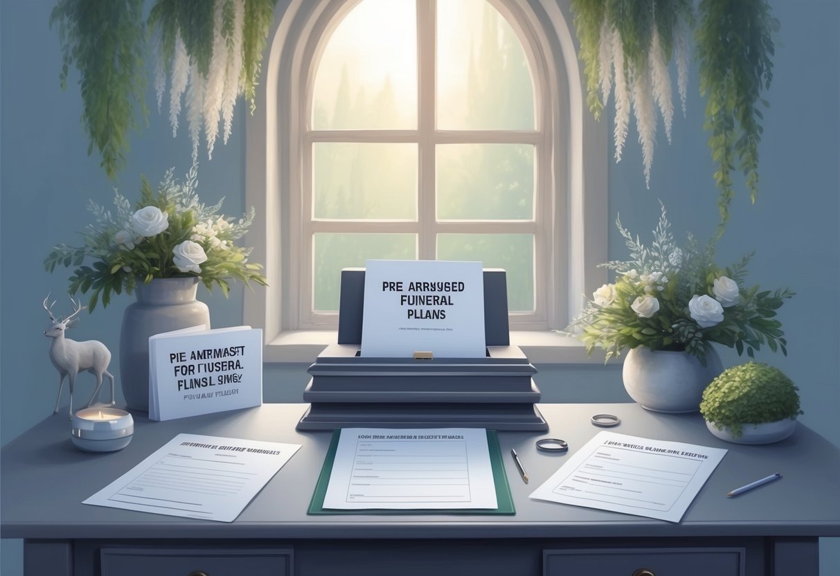 A serene setting with a desk and paperwork for pre-arranged funeral plans, surrounded by calming decor and natural elements