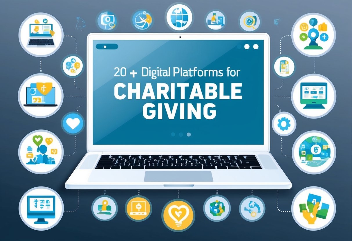 A laptop displaying various digital platforms for charitable giving, surrounded by icons representing different forms of technology