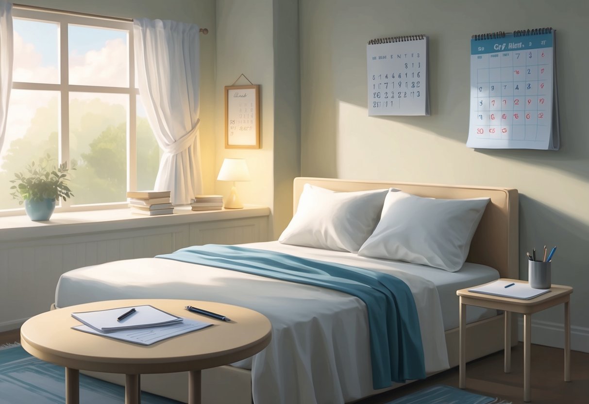 A serene room with a comfortable bed, soft lighting, and a peaceful atmosphere. A small table holds documents and a pen, while a calendar on the wall marks important dates
