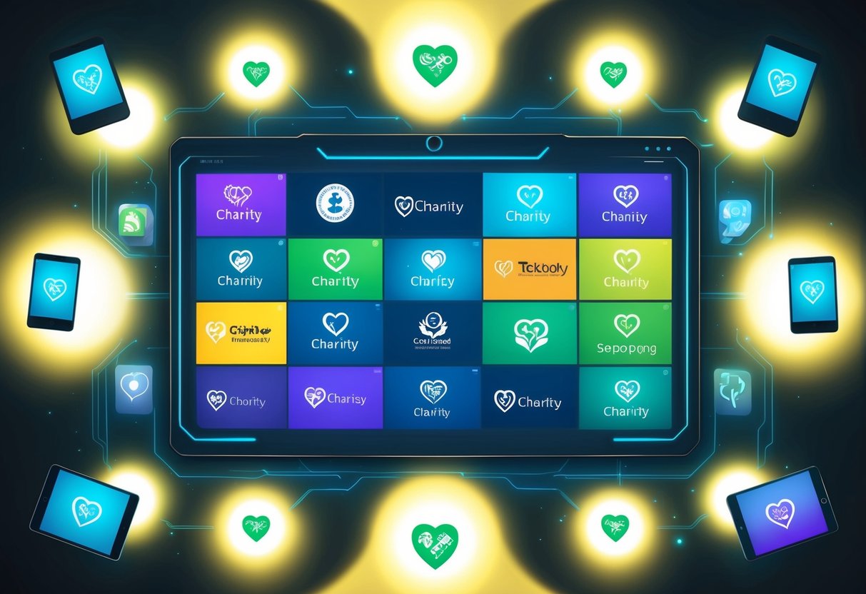 A futuristic, glowing digital interface displaying various charity logos, surrounded by floating icons of technology, such as smartphones and tablets