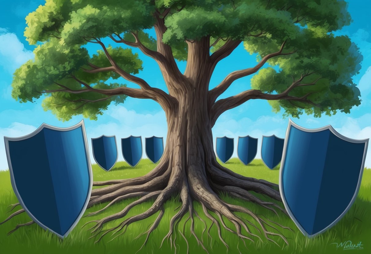 A grand oak tree with deep roots symbolizing the establishment of an irrevocable trust, surrounded by a protective barrier of shields representing Medicaid planning