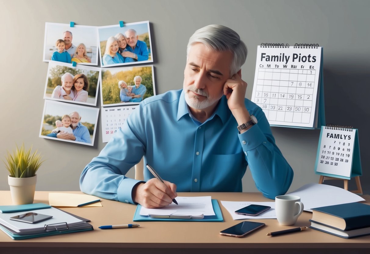 A person sitting at a desk with a pen and paper, surrounded by family photos and a calendar, contemplating and planning for end-of-life care