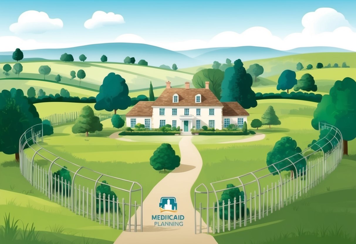 A serene countryside landscape with a family estate passing down through generations, surrounded by protective barriers symbolizing Medicaid planning