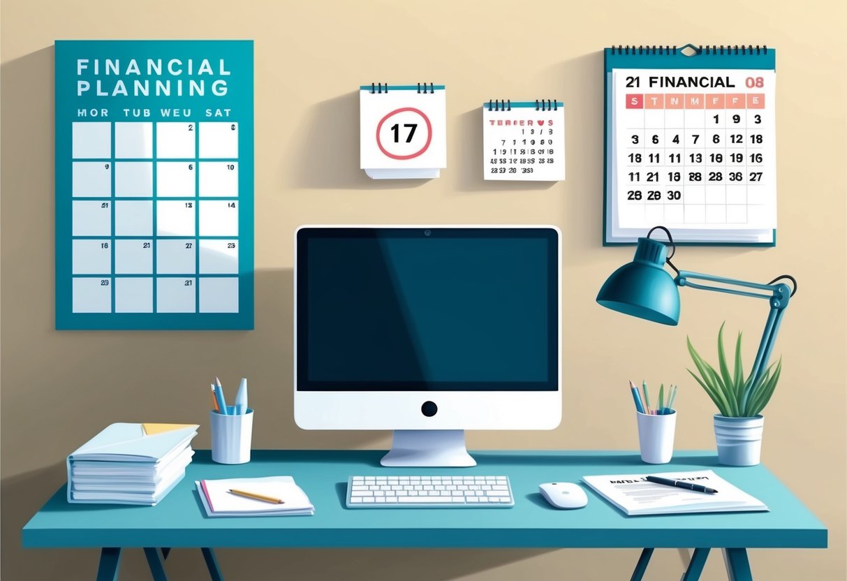 A serene and organized workspace with a desk, computer, and financial planning materials. A calendar on the wall shows a date circled in red
