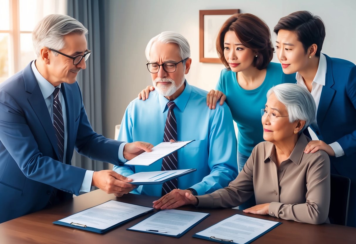 A family lawyer presenting legal documents to a senior couple, while their adult children look on with concern and relief
