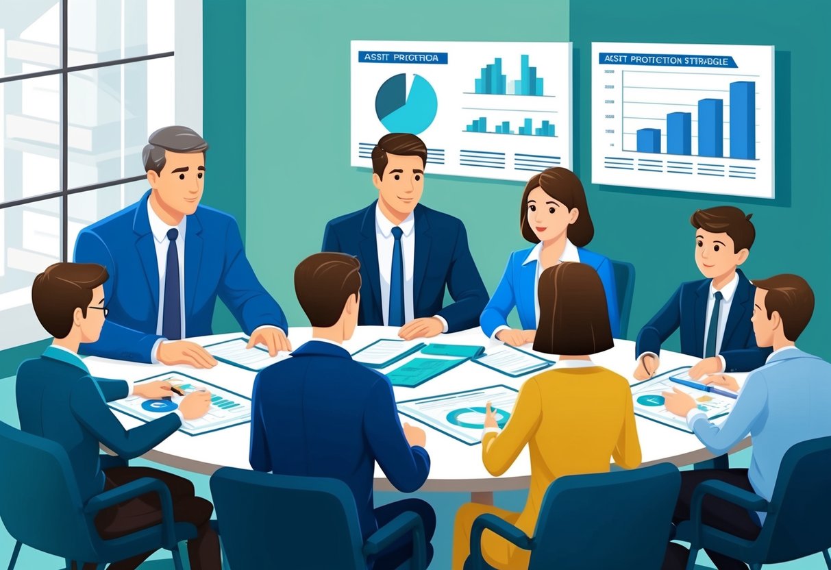 A family sitting around a table, discussing financial and legal documents with a lawyer. Charts and graphs show asset protection strategies