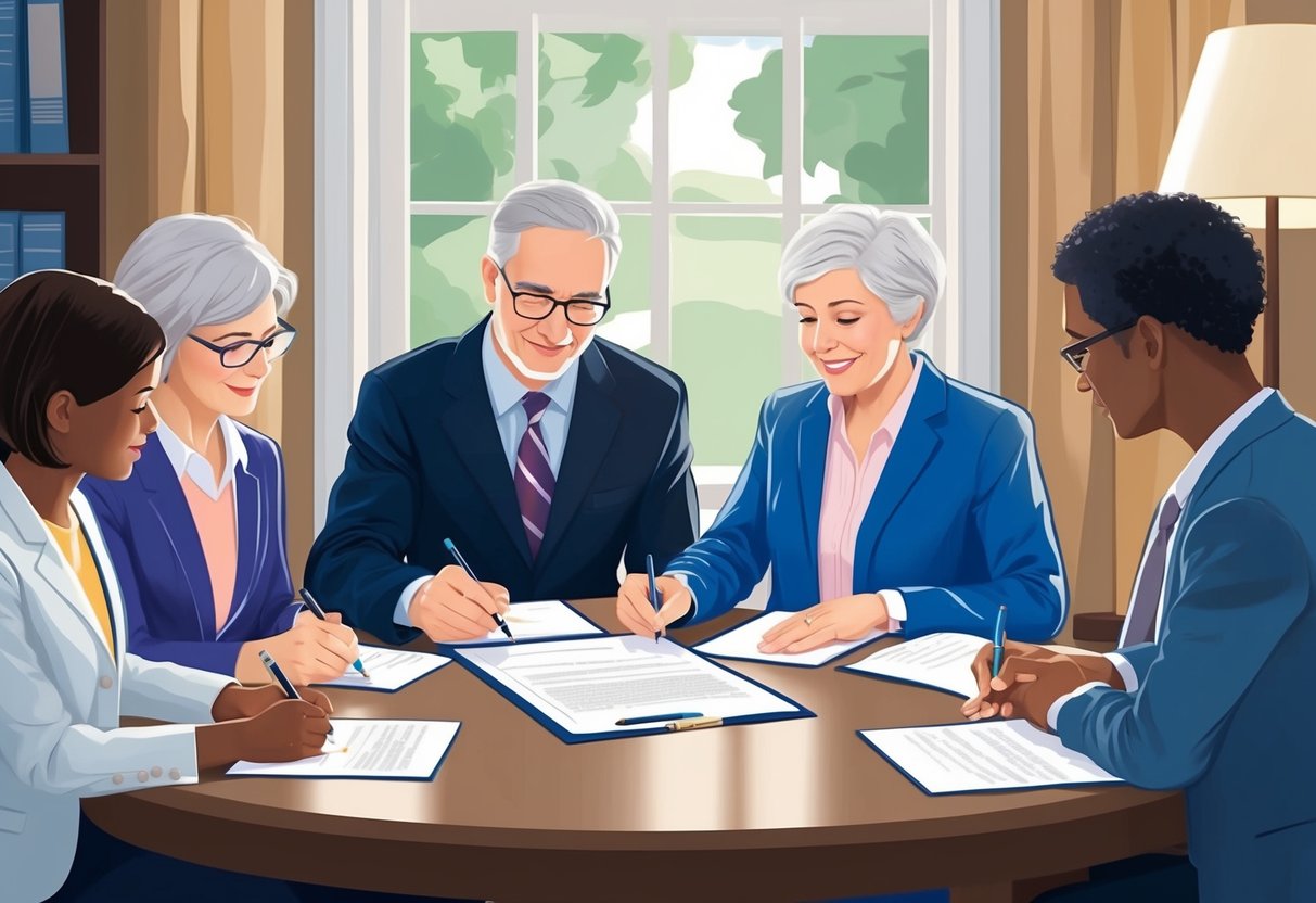 A family sitting around a table, signing a legal document with a lawyer present, while discussing the benefits of Medicaid planning for future generations