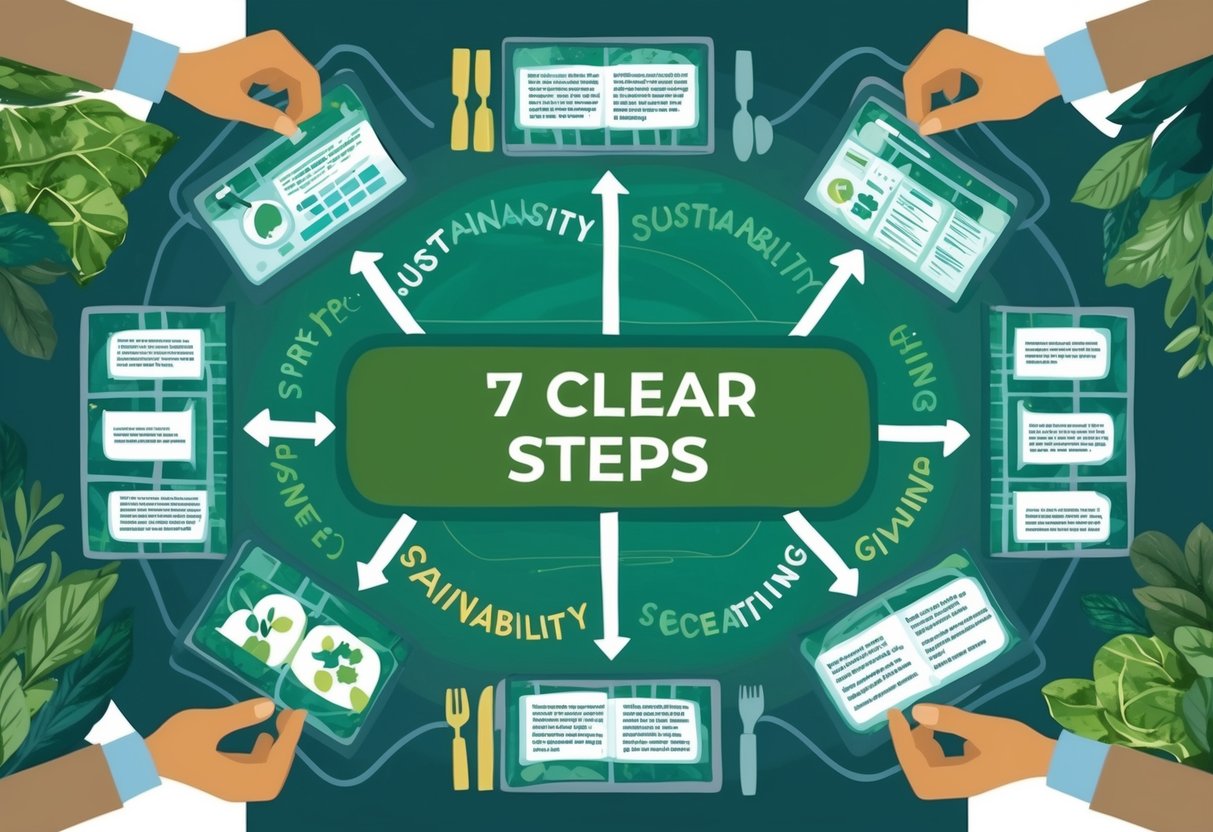 A table with 7 clear steps laid out in a strategic manner, surrounded by symbols of sustainability and giving