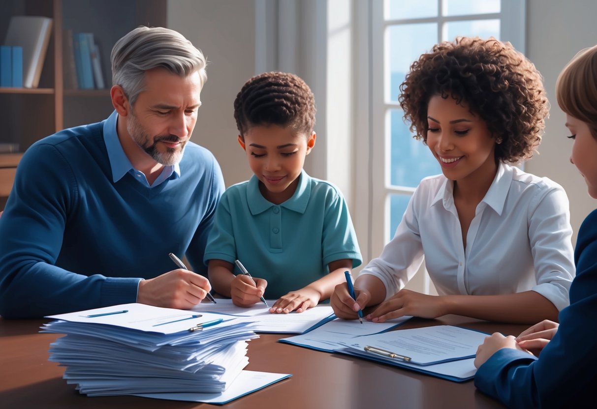 A family sitting around a table, signing a legal document. A stack of papers and a pen are visible, with a serious yet hopeful atmosphere