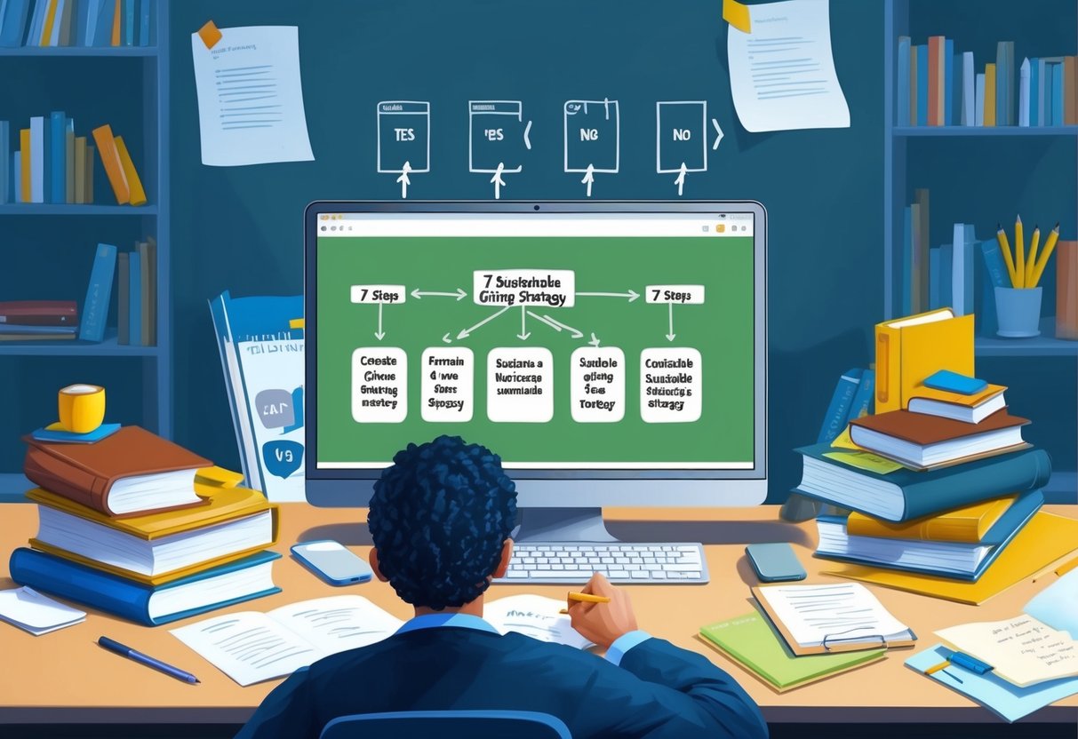 A person researching at a desk surrounded by books, a laptop, and notes. A flowchart of 7 steps to create a sustainable giving strategy is displayed on the computer screen