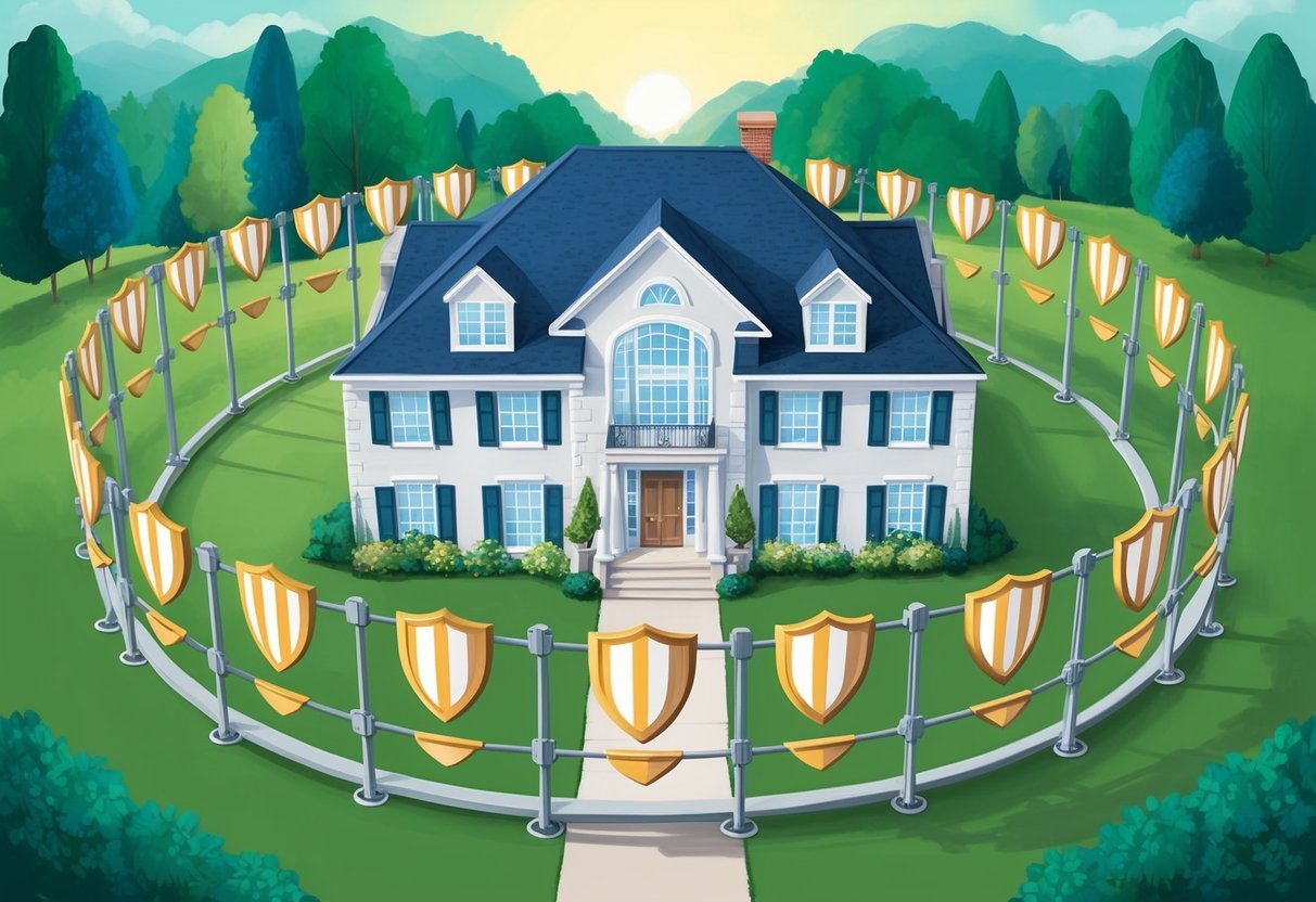 A family estate is shielded by a barrier of interconnected shields, symbolizing the protection of assets through Medicaid planning