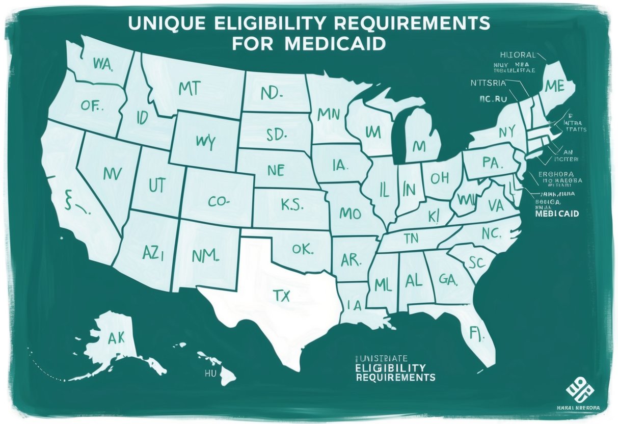 A map of the United States with each state highlighted and labeled with unique eligibility requirements for Medicaid