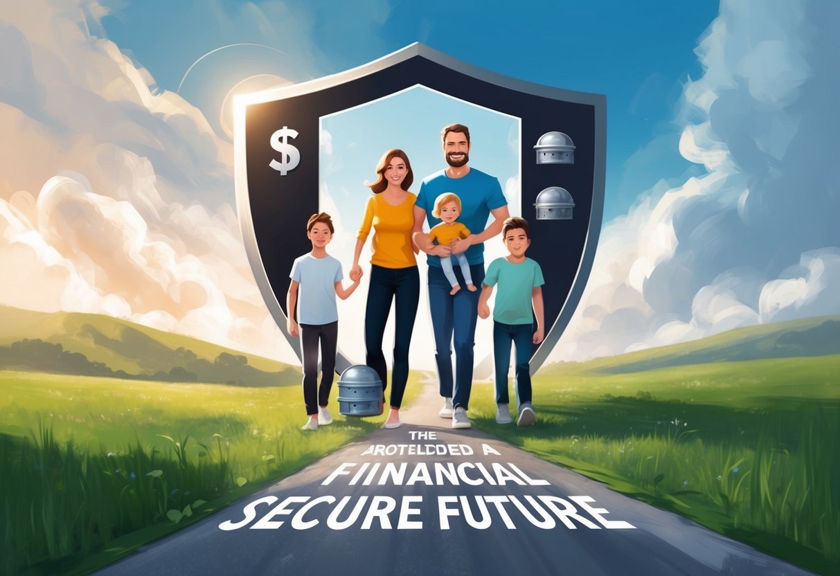 A family surrounded by a protective shield, with financial assets symbolized by a sturdy vault, and a path leading towards a secure future