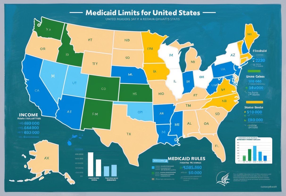 A map of the United States with different regions highlighted, accompanied by charts and graphs showing income limits and Medicaid rules for each state