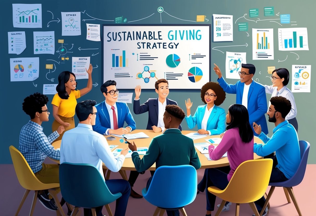 A group of diverse individuals gather around a table, brainstorming and collaborating on a sustainable giving strategy. Charts, graphs, and notes cover the walls