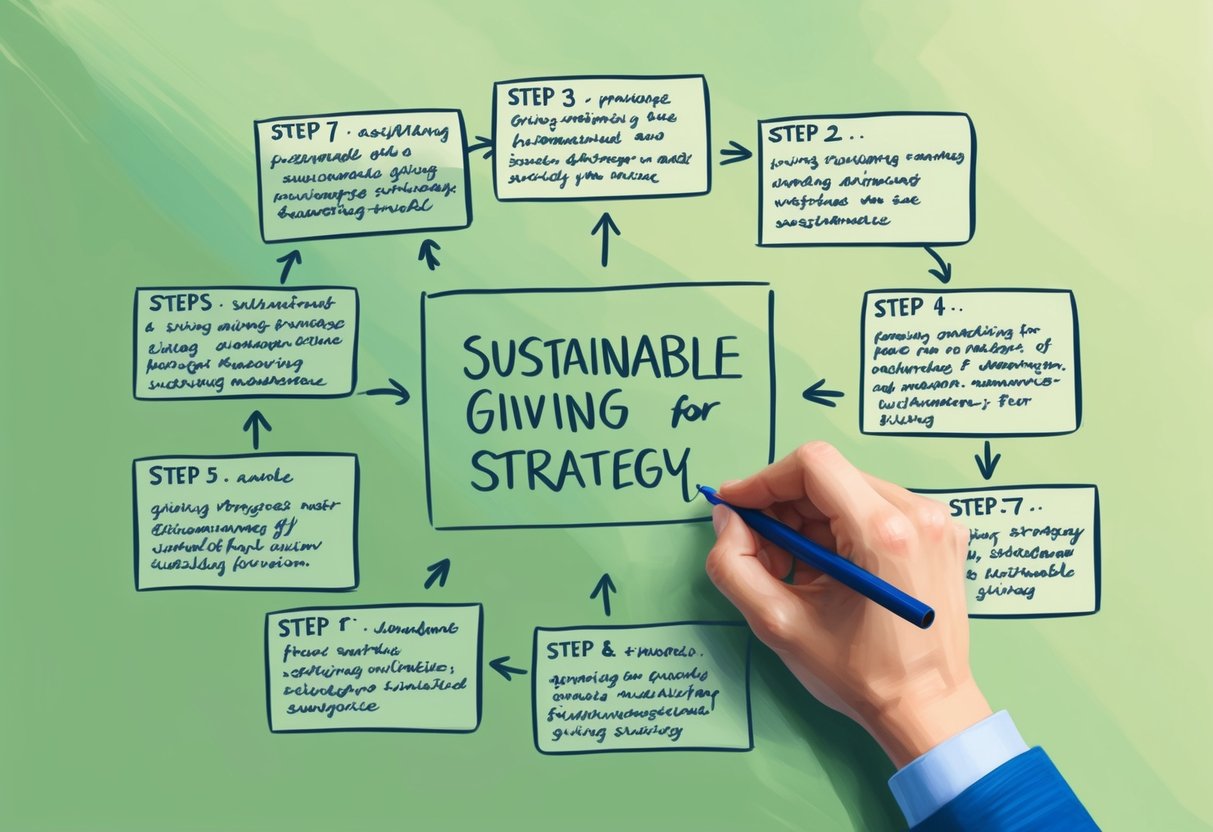 A hand drawing a flowchart with seven steps for a sustainable giving strategy