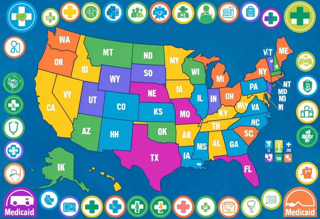 A map of the United States with each state highlighted in a different color, surrounded by icons representing various healthcare and Medicaid-related symbols