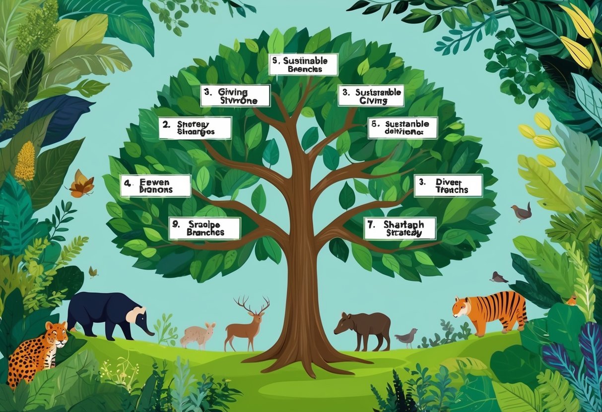 A tree with seven branches, each labeled with a step in creating a sustainable giving strategy, surrounded by diverse plants and animals