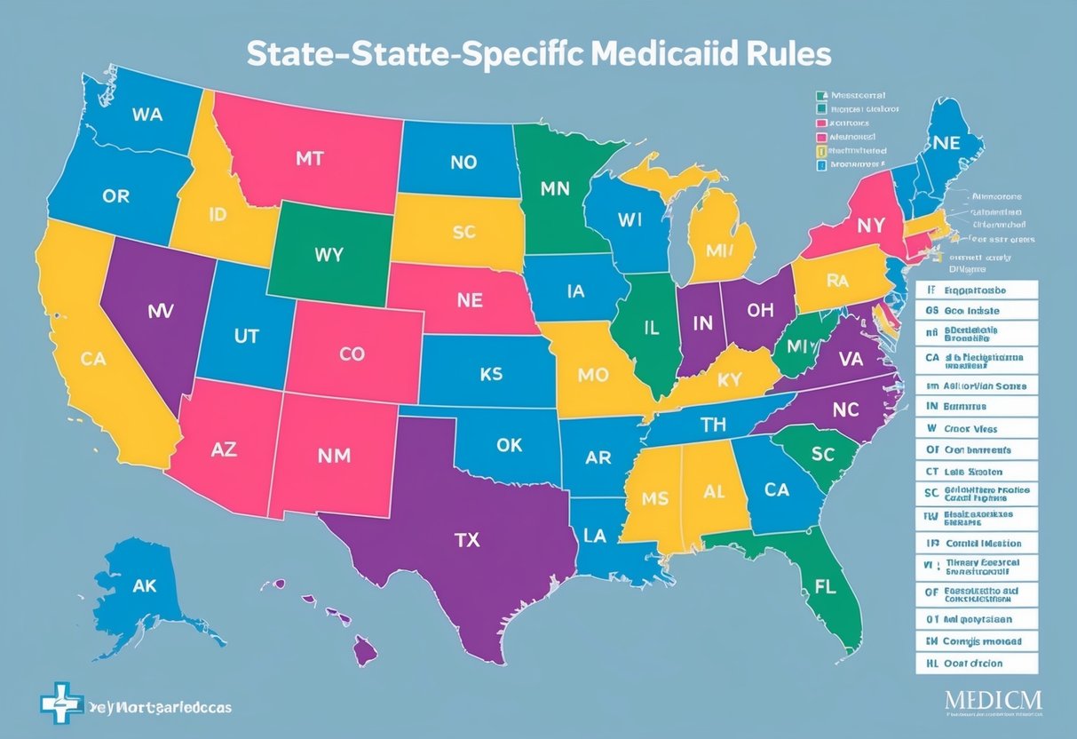 A map of the United States with each state highlighted in a different color, accompanied by a list of key insights about state-specific Medicaid rules