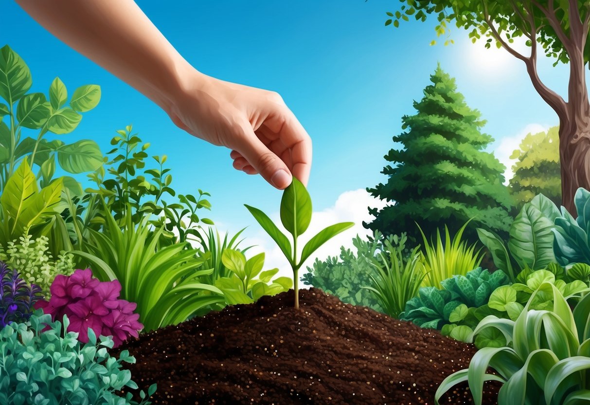 A hand planting a seedling in fertile soil, surrounded by a diverse array of growing plants and trees, with a clear blue sky overhead