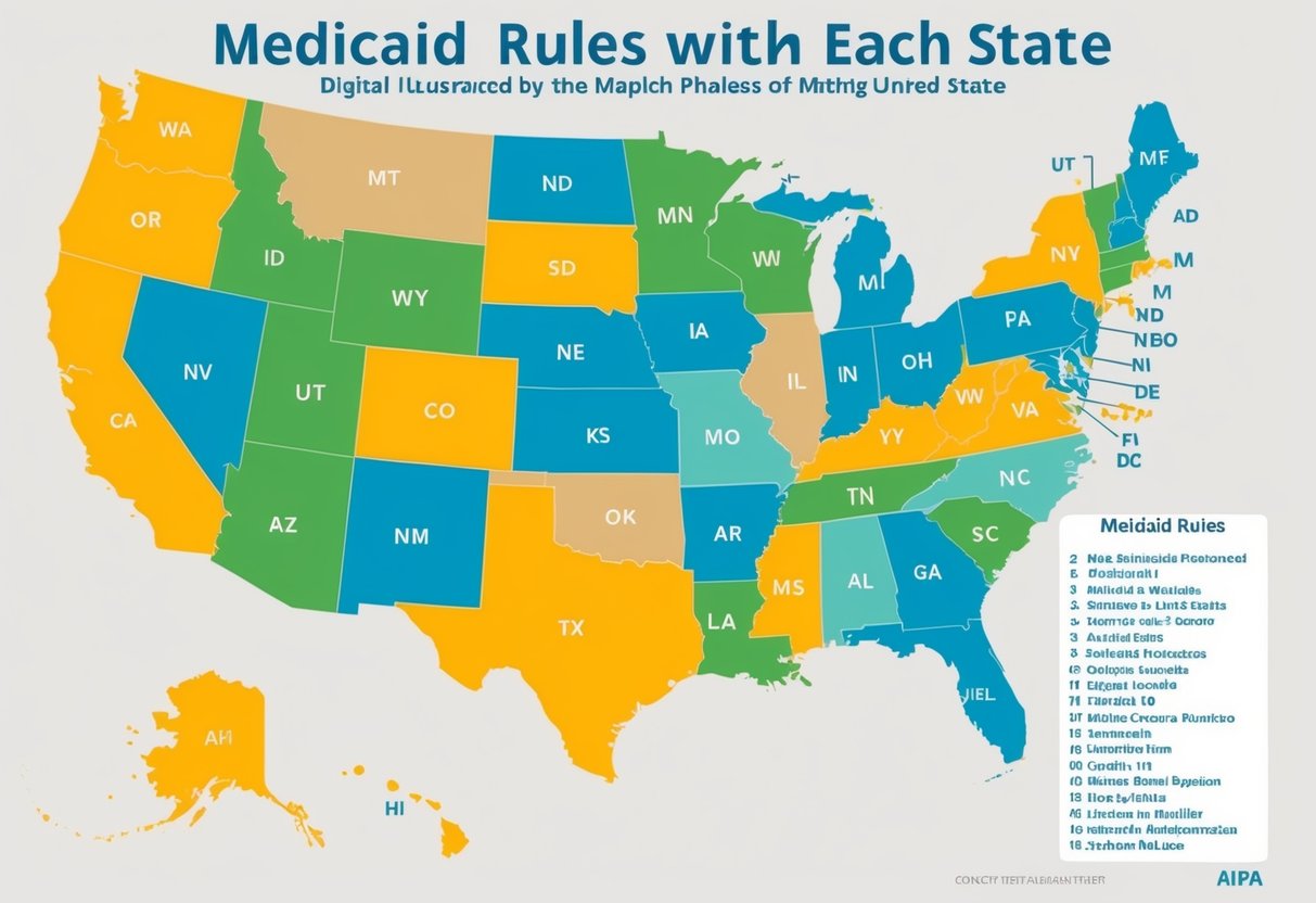 A map of the United States with each state highlighted in a different color, accompanied by a list of Medicaid rules specific to each state
