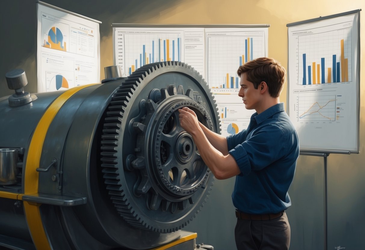 A person adjusting gears on a large machine, surrounded by charts and graphs, with a clear progression from one step to the next